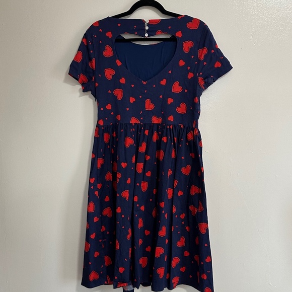 Lindy Bop Retro Short Sleeve Heart Print Swing Dress, Navy & Red, US 14 - Picture 9 of 13
